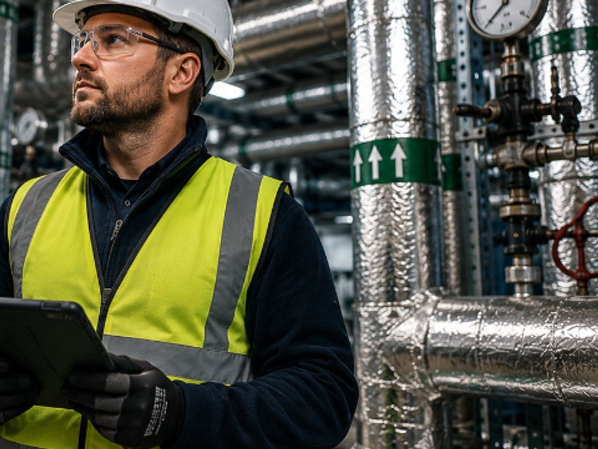 Site supervisor reviewing plans on a tablet in a plant room