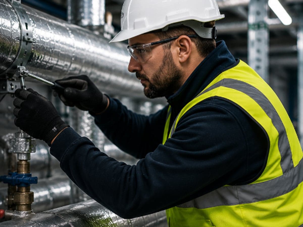 Installer fitting a valve on insulated pipework